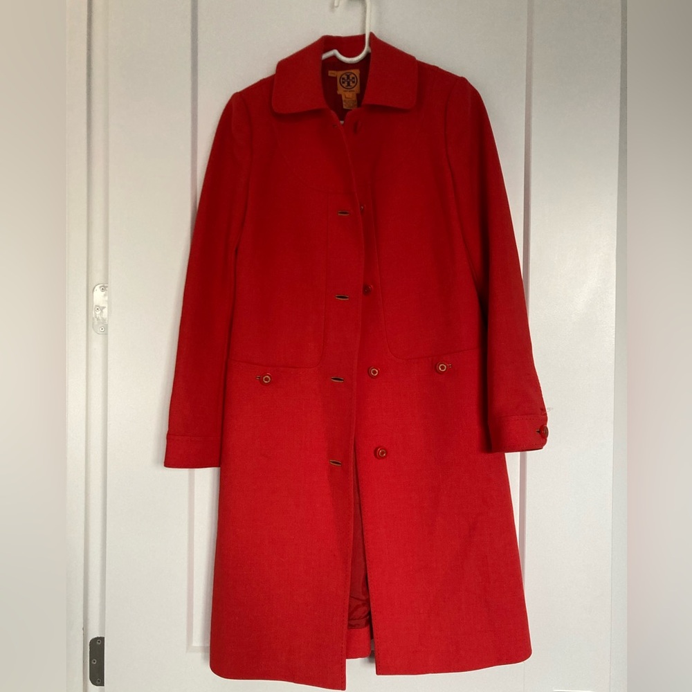 Tory Burch vintage Vibrant chic timeless bold Red Trench Coat - Picture 3 of 12